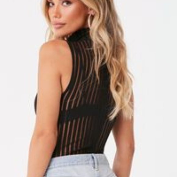 F21 Black Sheer Mesh Vertical Stripe Mock Neck Bodysuit - Picture 4 of 6